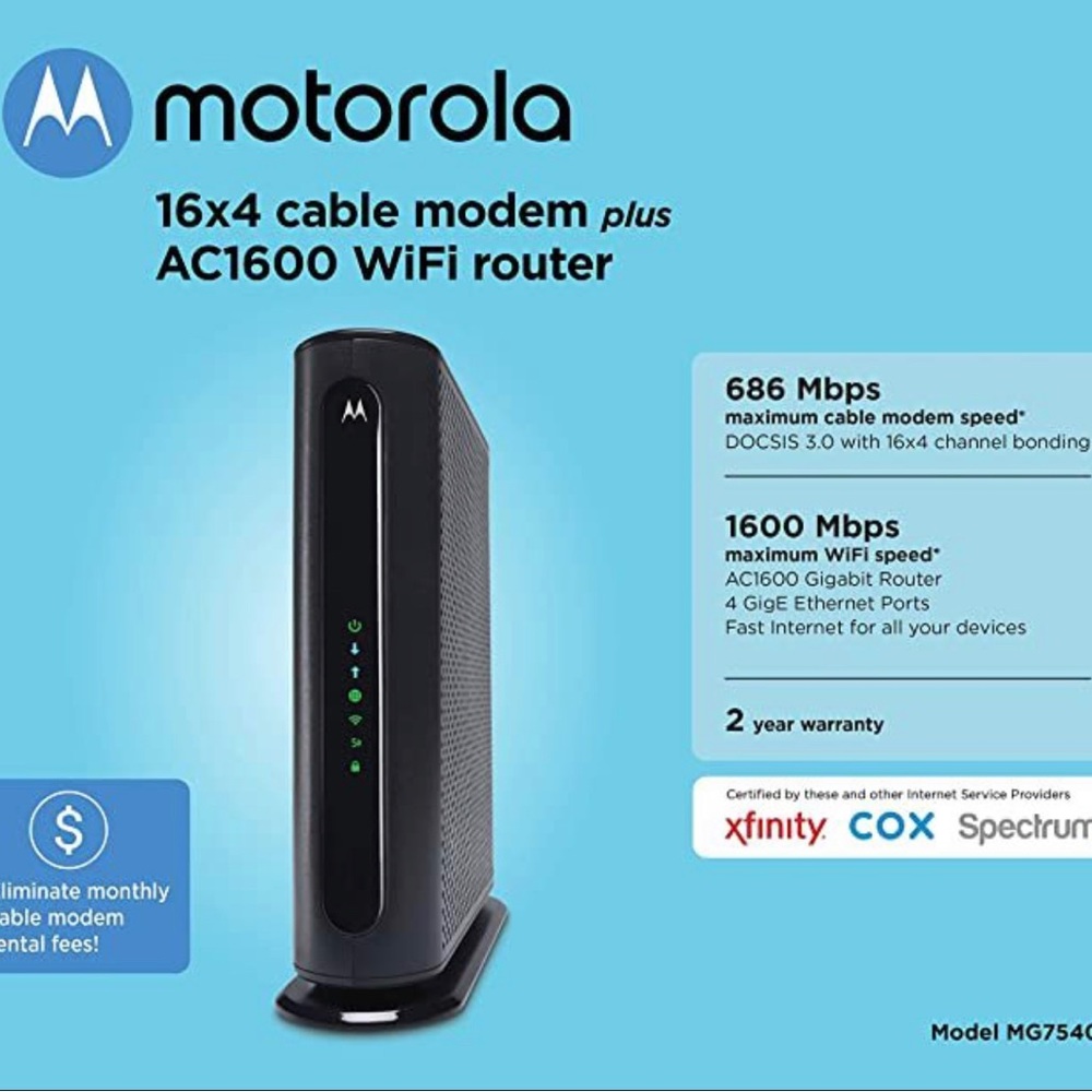 Motorola MG7540 Cable Modem AC1600 Dual Band Wi-Fi Router Combo